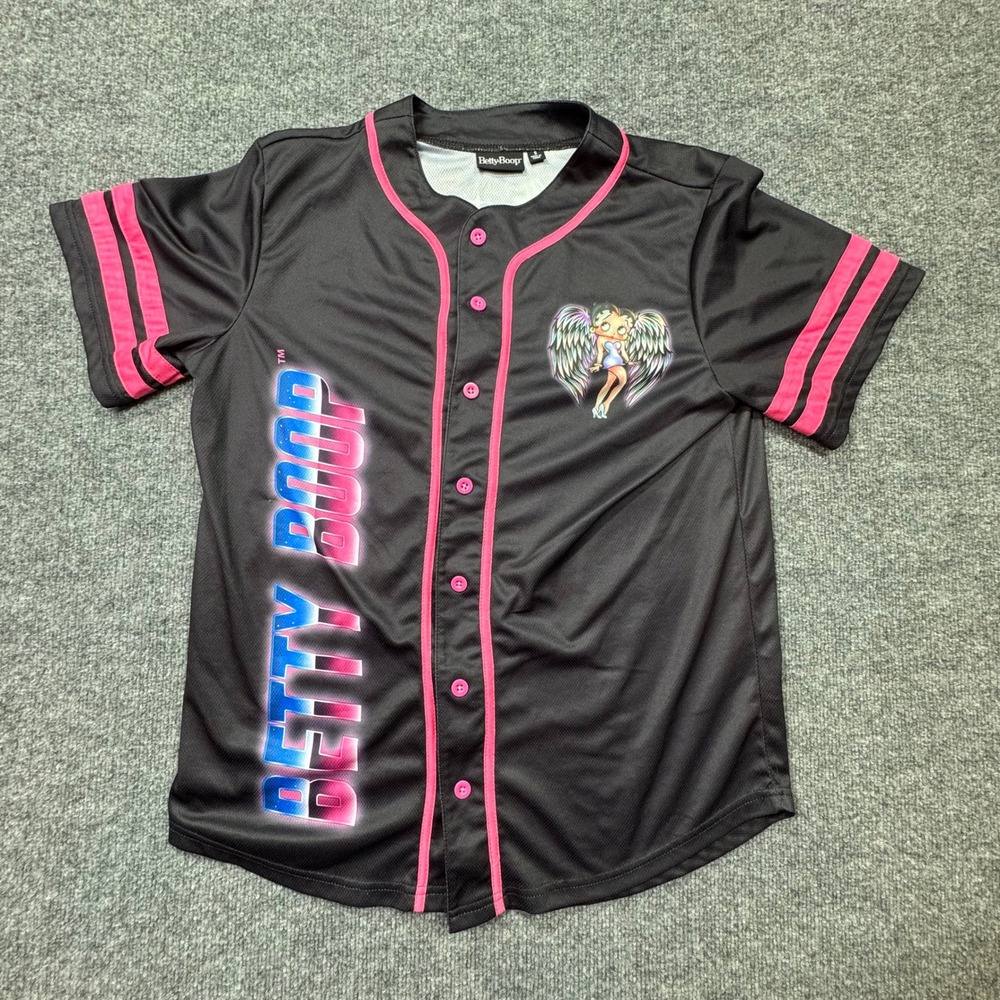 Betty Boop Baseball Jersey Womens S Black Pink Angel Wings Cartoon Graphic Top